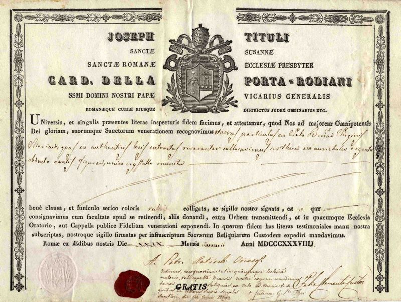 Reliques authentiques, authentique de reliques (1839)