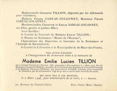 Invitation à l'inauguration du monument élevé en sa mémoire