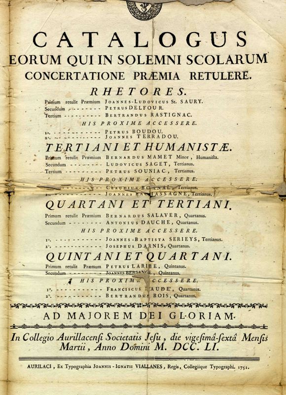 Palmarès du collège d’Aurillac en 1751