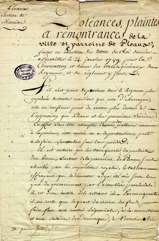 Cahier de doléances de Pleaux : haro sur l’impôt (11 mars 1789)