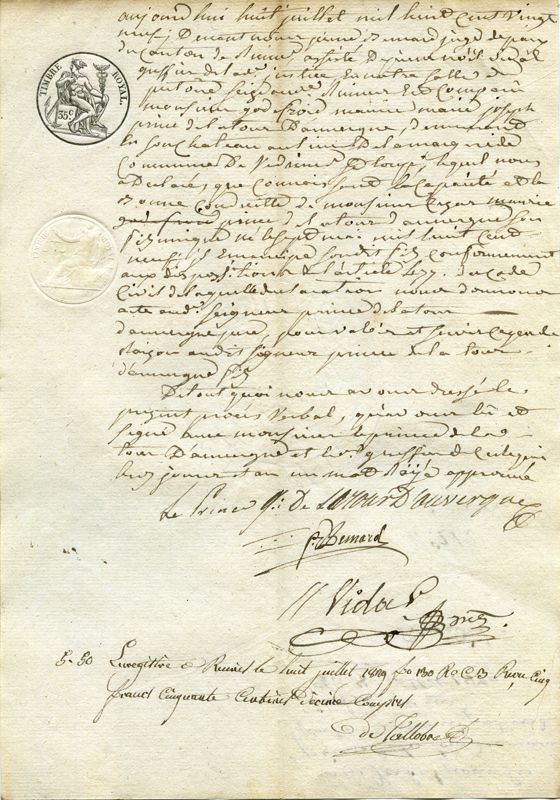 Émancipation du prince de La Tour d'Auvergne par son père en 1829 (château de la Margeride, Védrines-Saint-Loup)