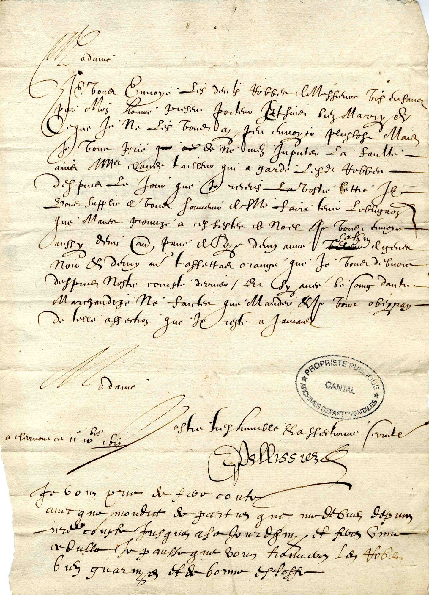 Lettre de Pélissier, tailleur à Clermont, à Gabrielle de Dienne, vicomtesse de Lamothe-Canilhac (1617)