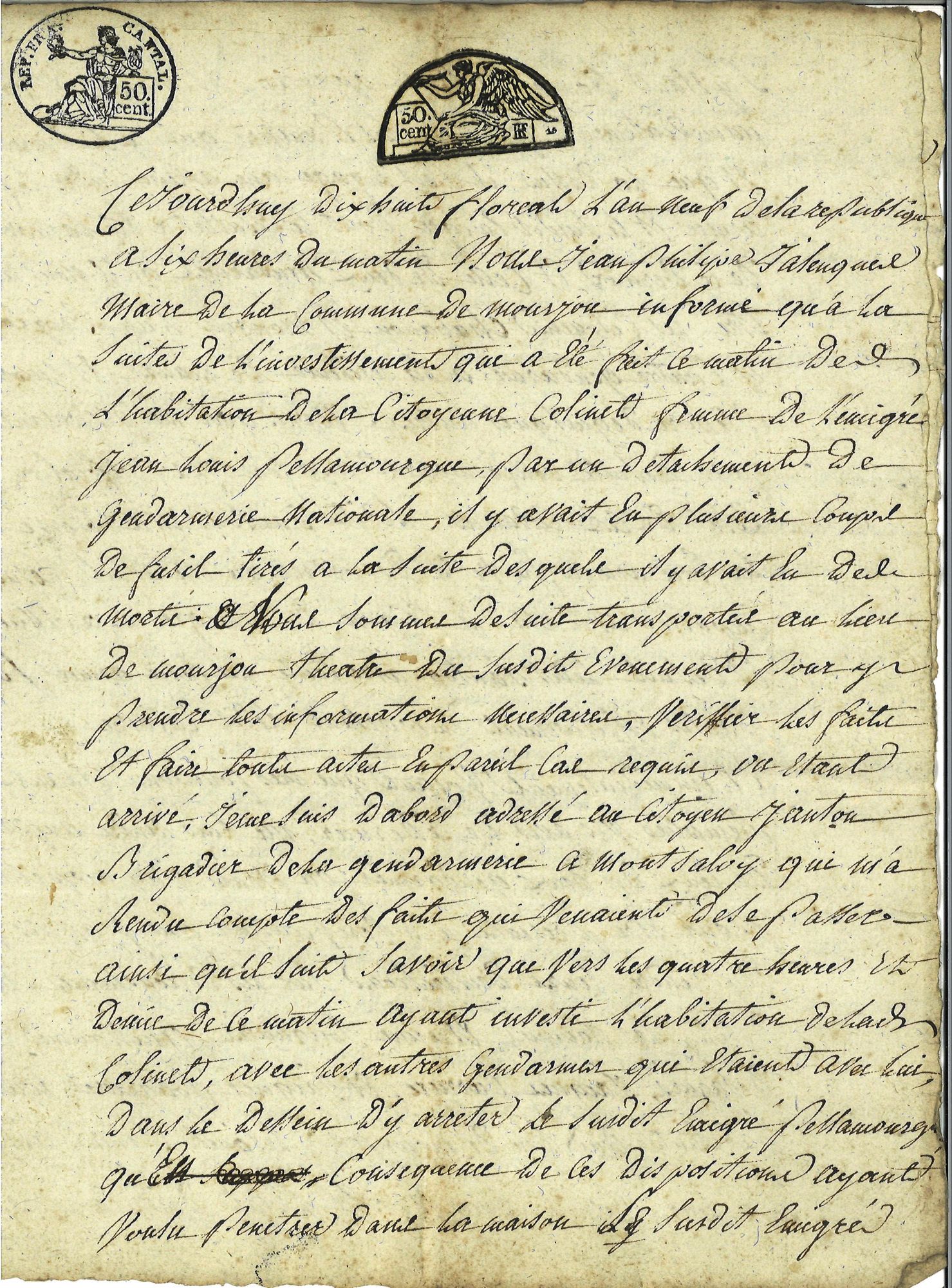 Procès-verbal du maire de Mourjou : page 1