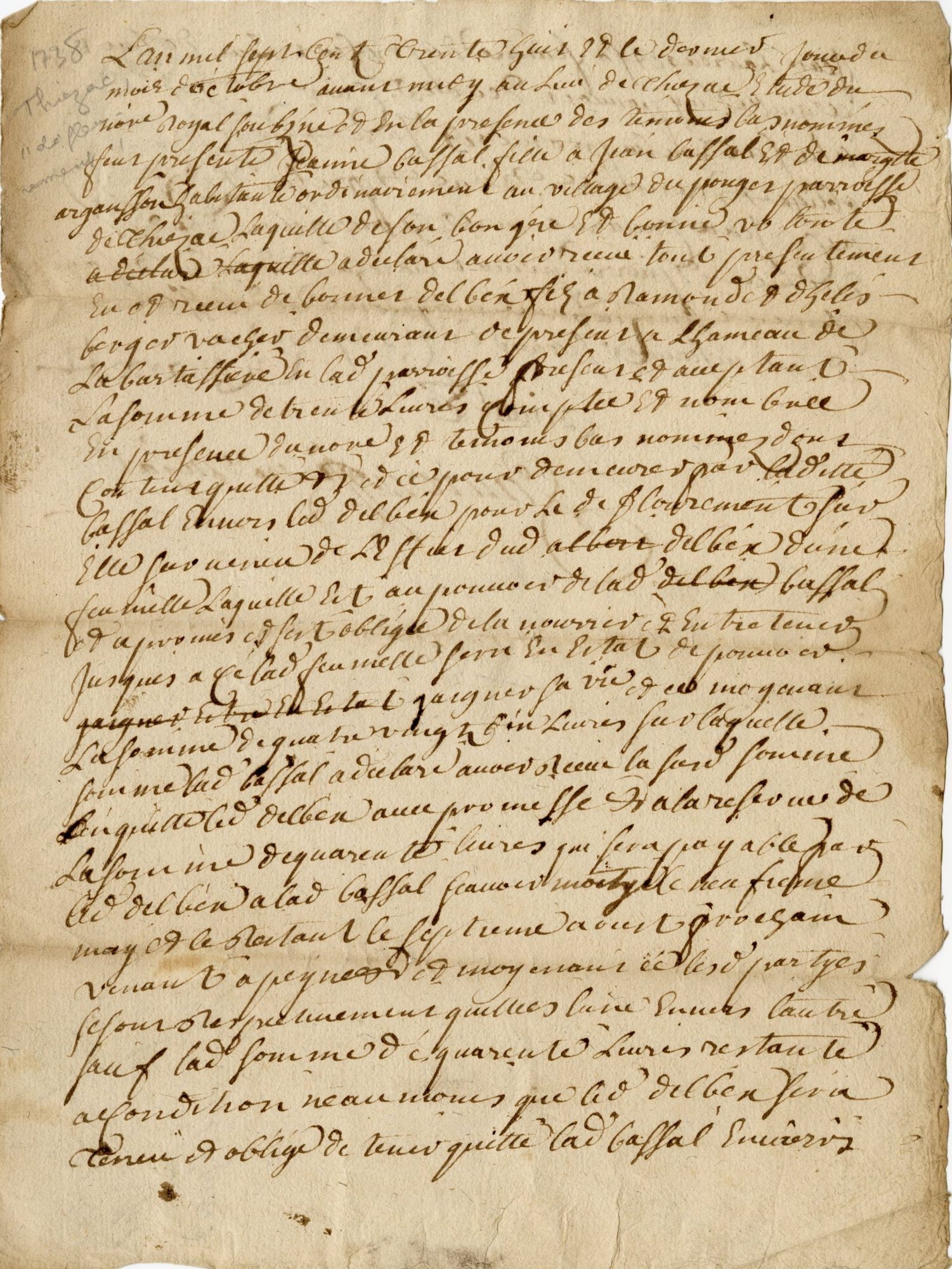 Obligation de Bonnet Delbex : recto (1738)