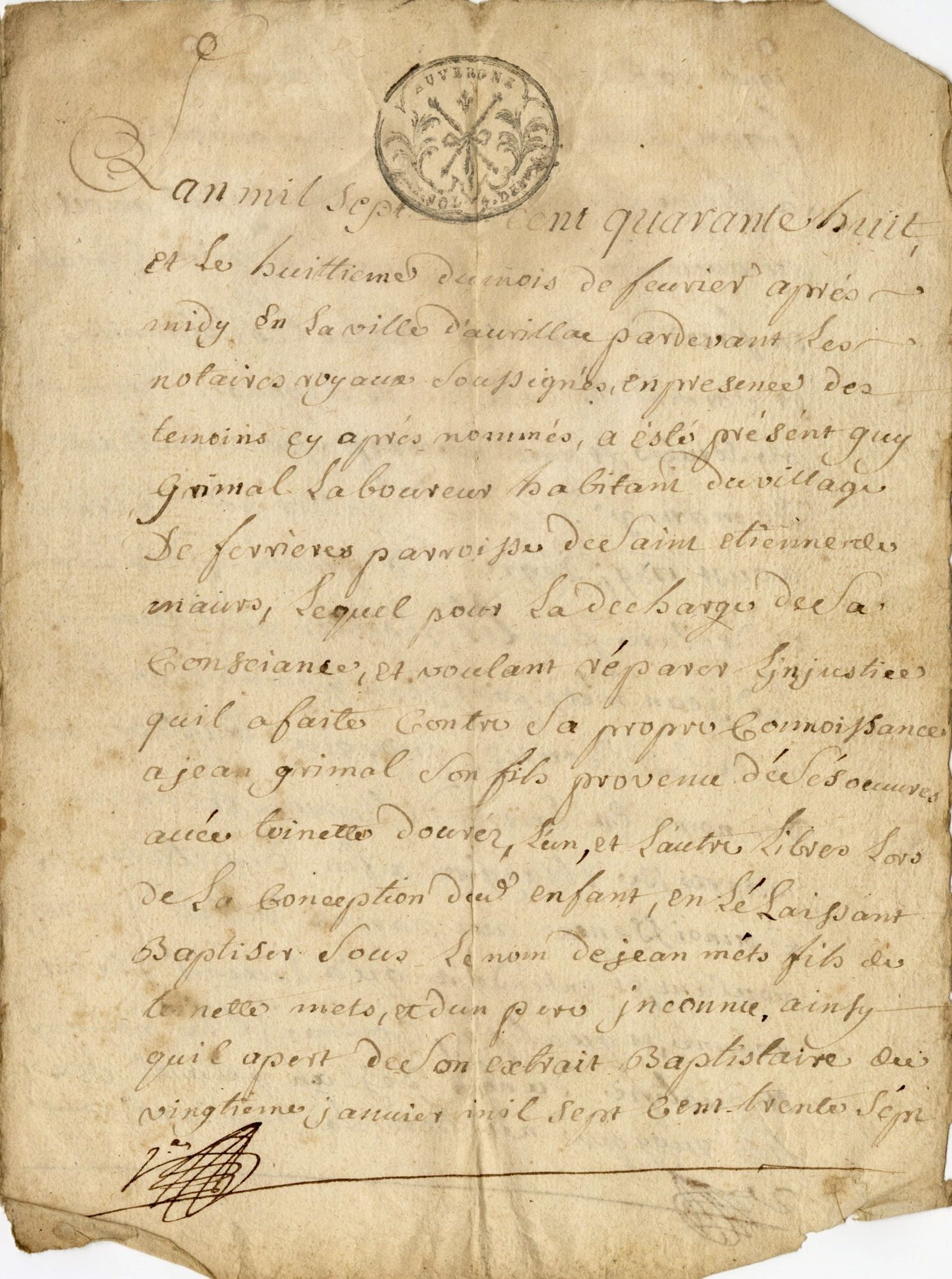 Reconnaissance de paternité de Guy Grimal (1748)