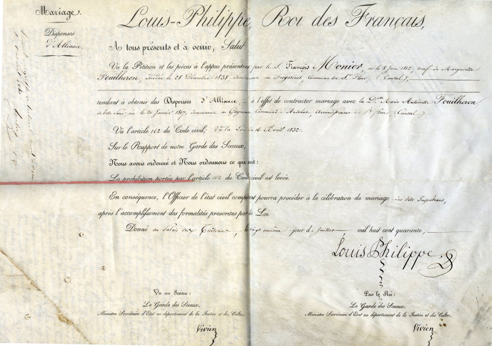 Mariage par dispense d’alliance à Saint-Flour (1840)