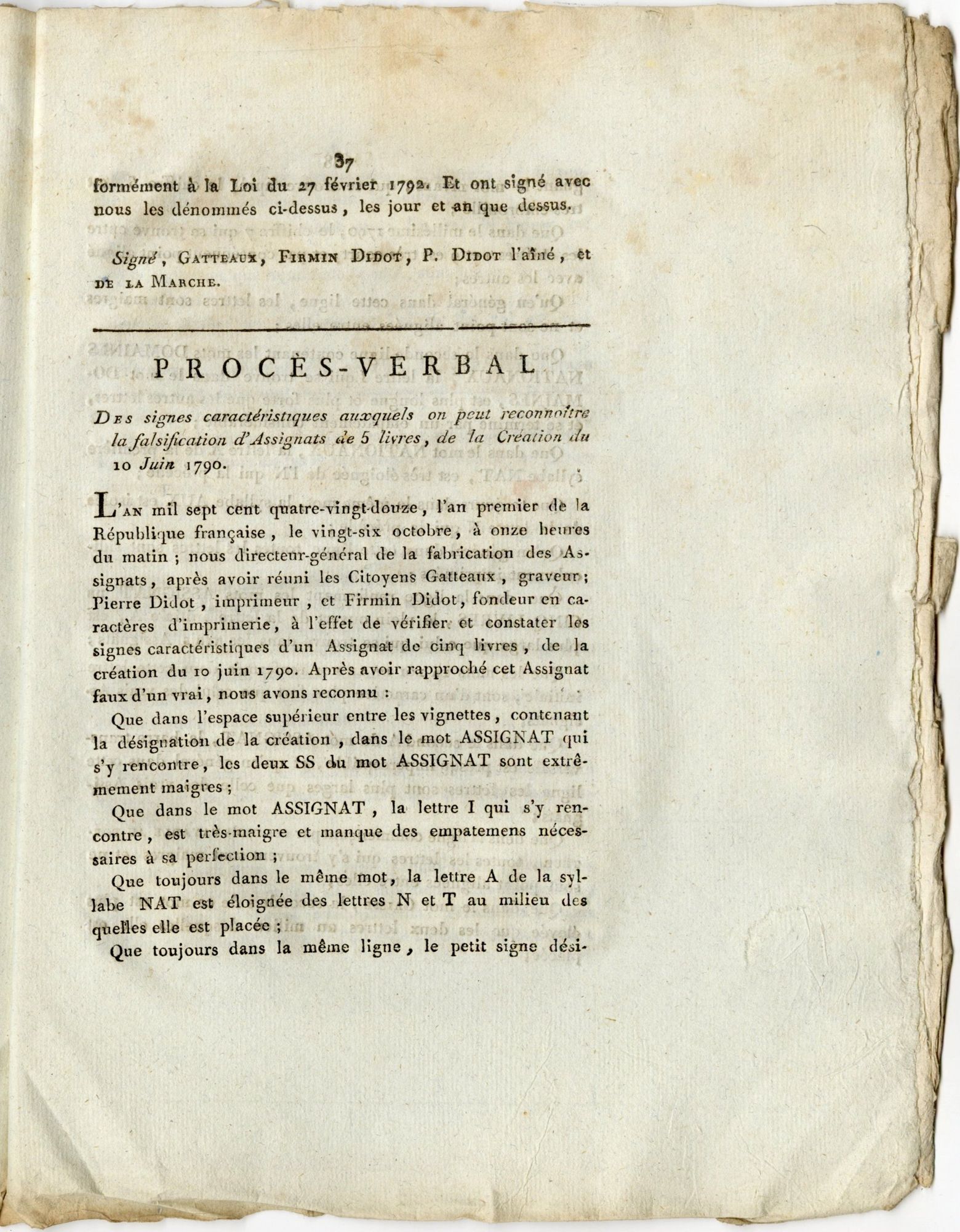 Procès-verbal des signes caractéristiques des faux assignats de 5 livres (L 186) 