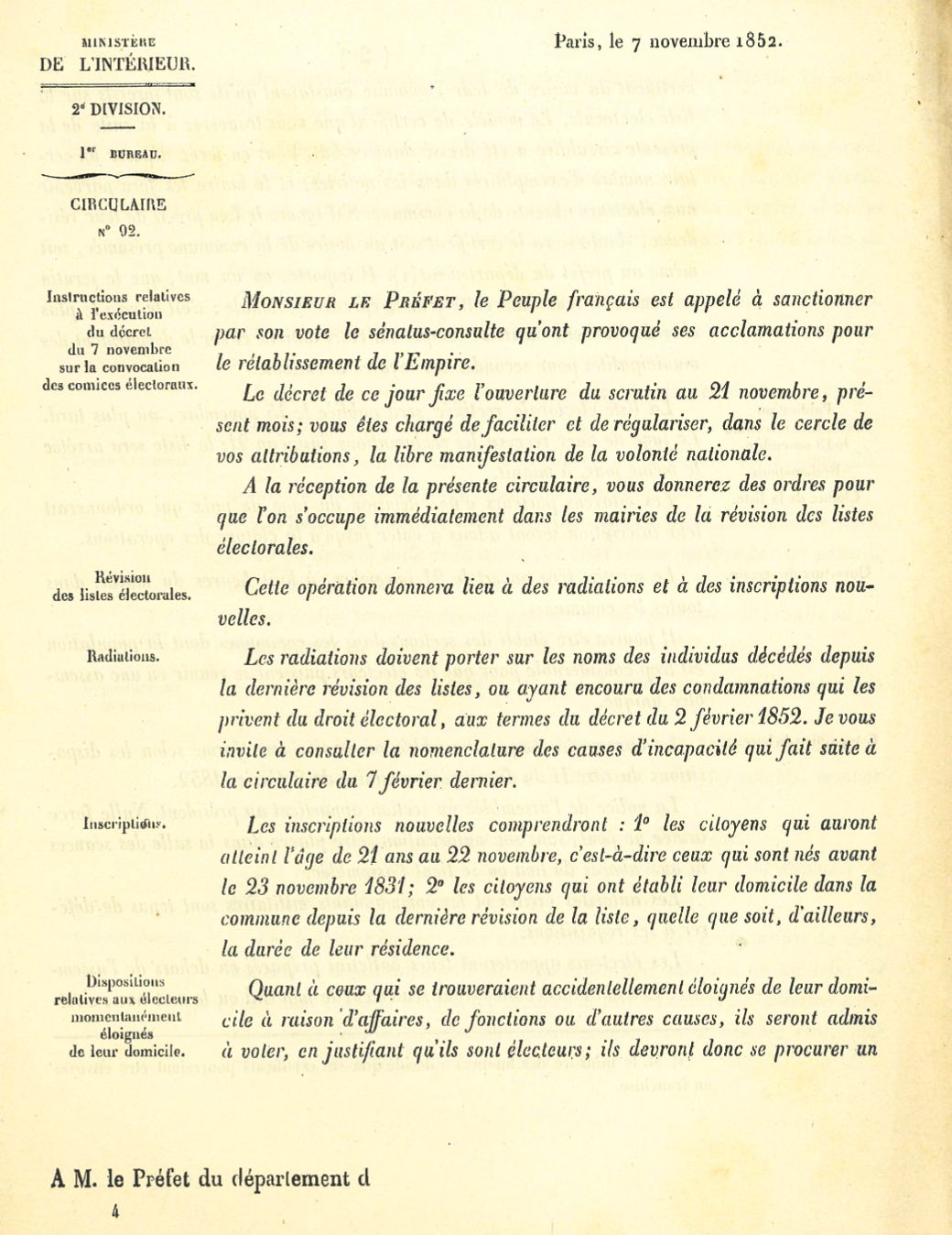 Instructions officielles du ministre de l’Intérieur aux préfets, 7 novembre 1852 (cote ADC 2 M 1)