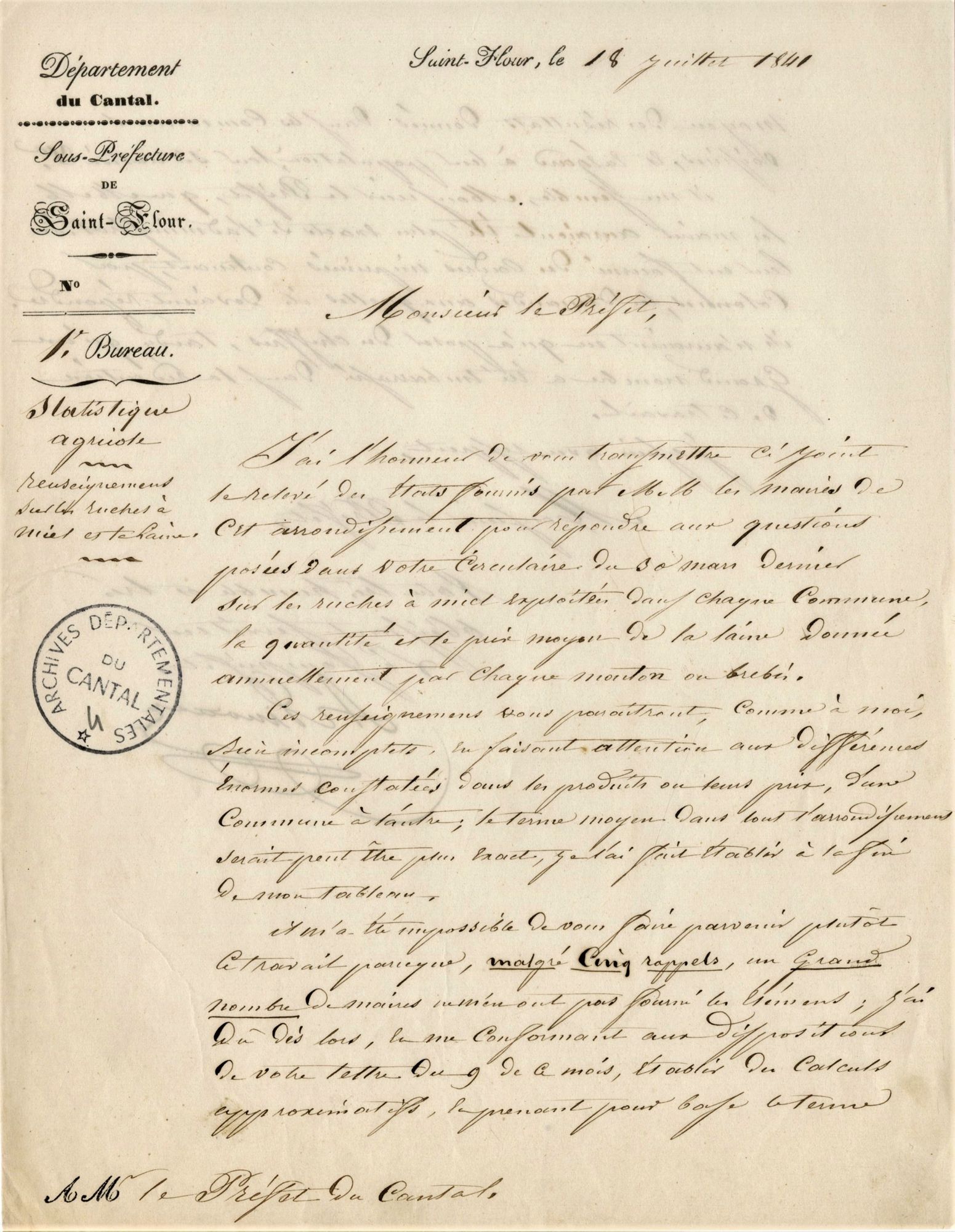 Réponse du sous-préfet de Saint-Flour (18 juillet 1841)