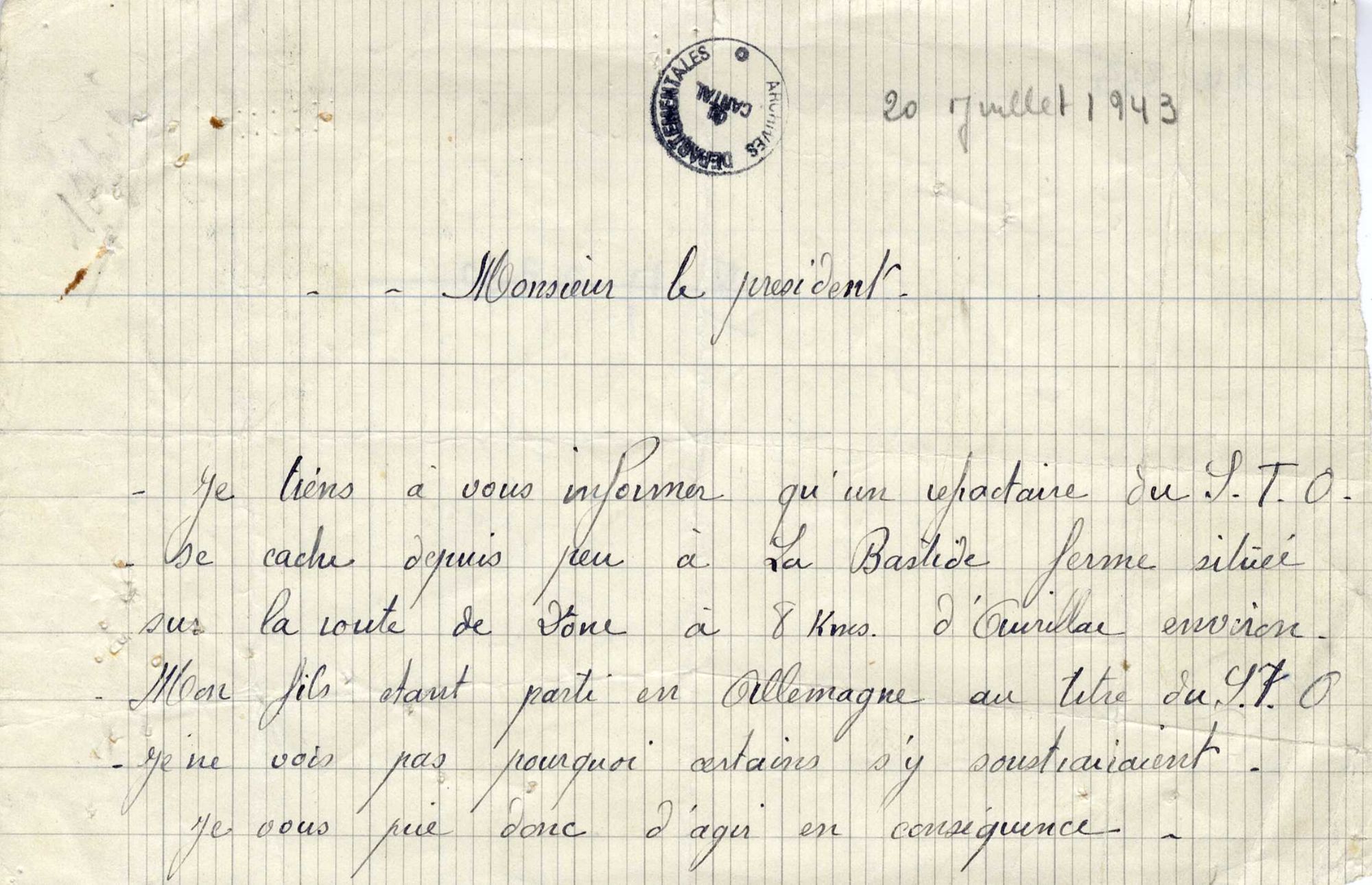 Lettre de dénonciation anonyme d'un réfractaire au STO