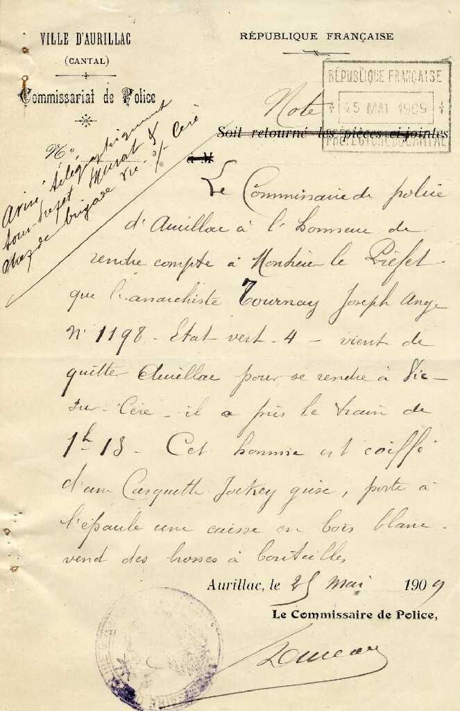 Signalement d'un anarchiste (cote ADC : 51 M 1)