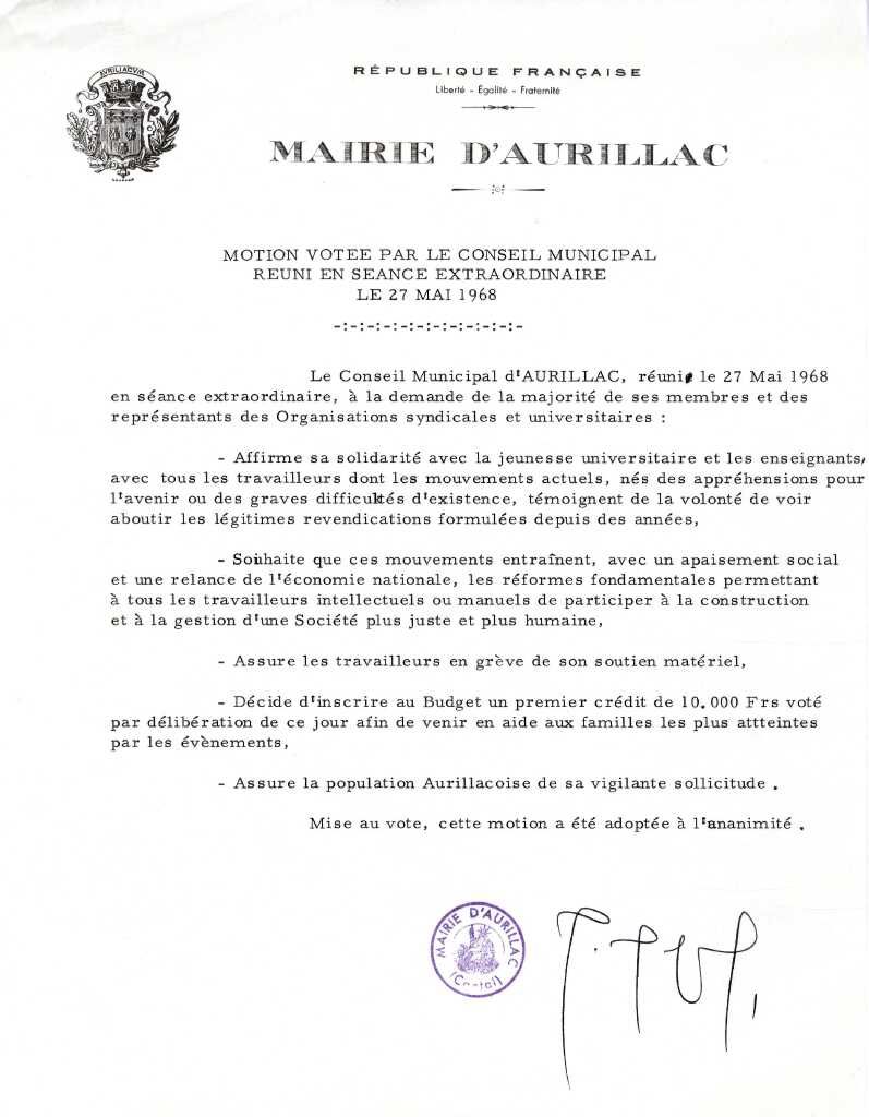 Motion de la mairie d'Aurillac (cote ADC : 3 SC 10491)