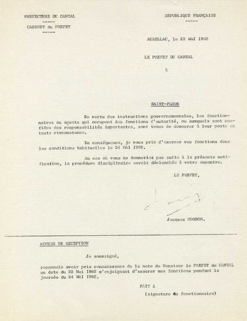 Pression sur les agents de la Préfecture (cote ADC : 3 SC 10491)