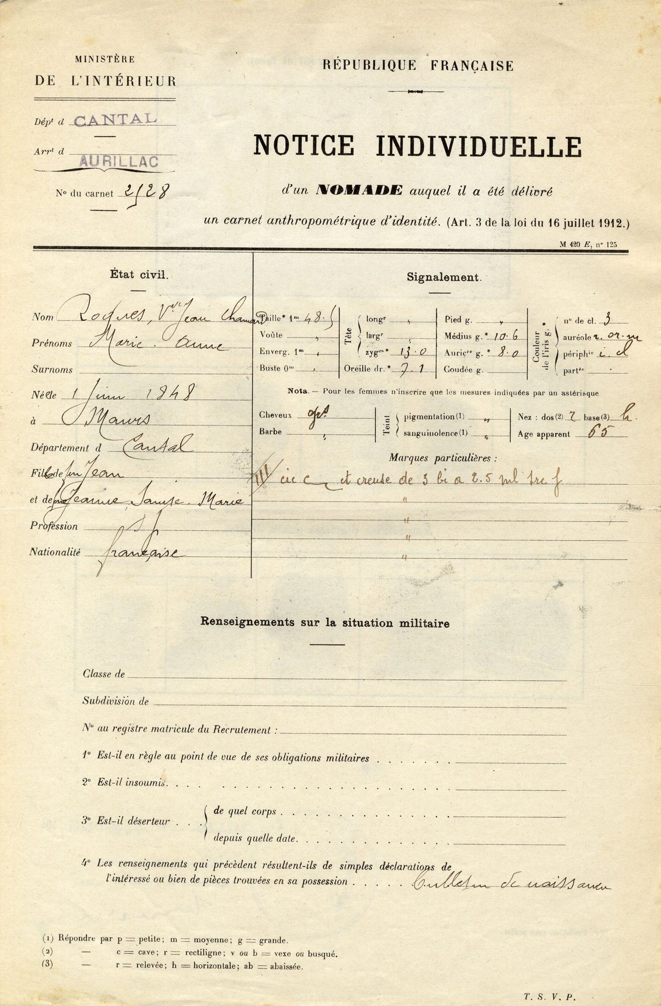 Notice individuelle de nomade de Marie-Anne Roques