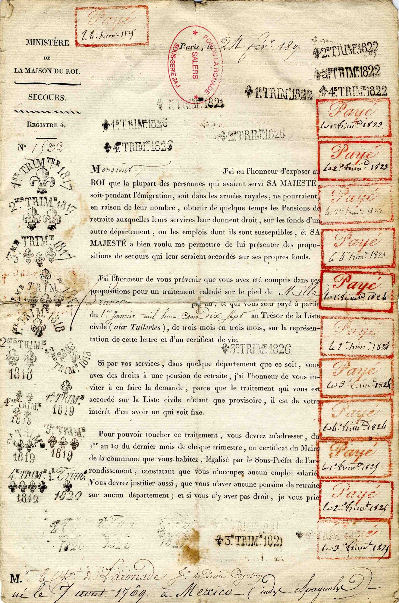 La « feuille de paie » d’un émigré : une pension pour Jean de Dieu Gaëtan de la Ronade (1817)