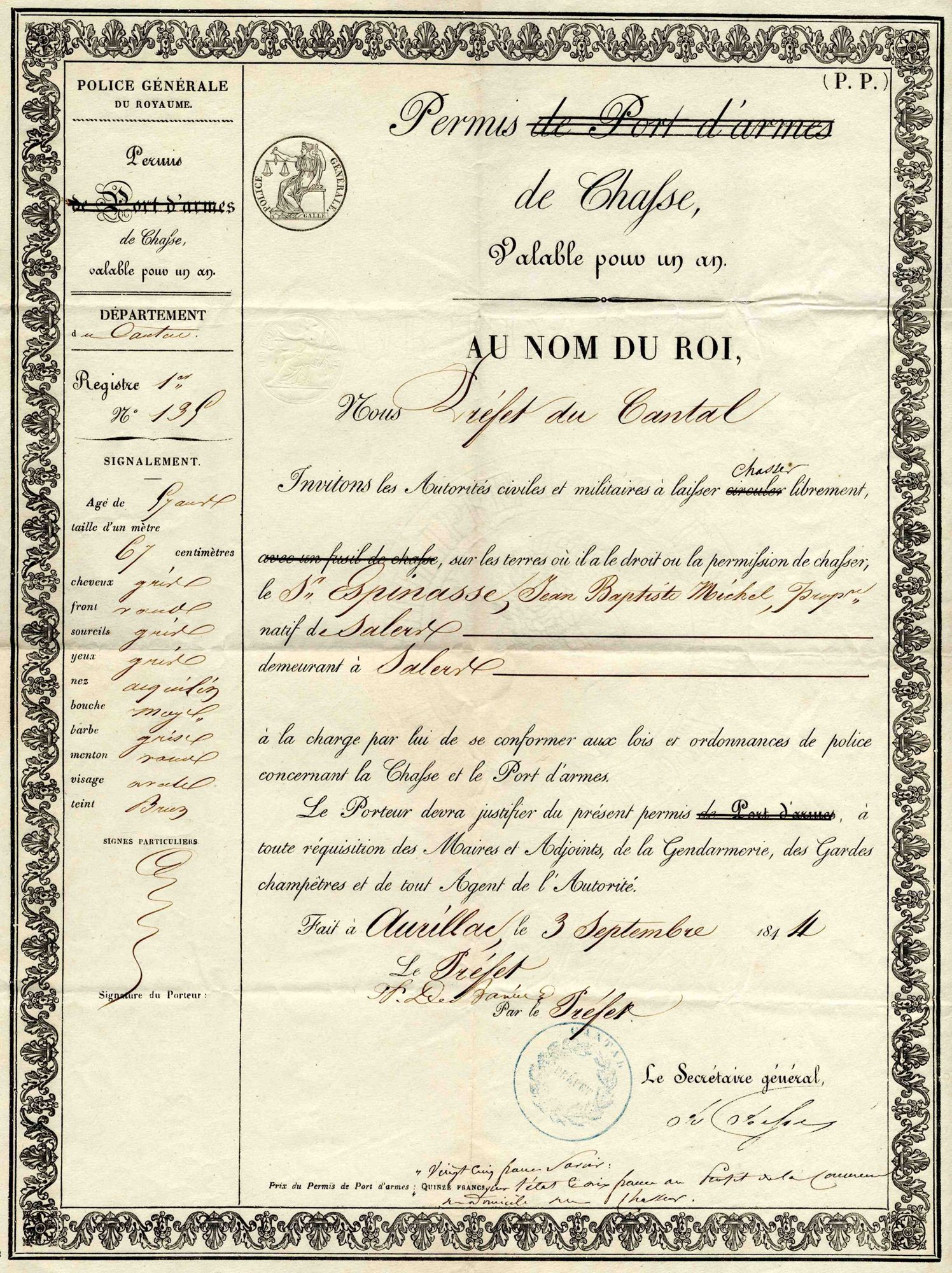 Le permis de chasse du sieur Espinasse (3 septembre 1844)