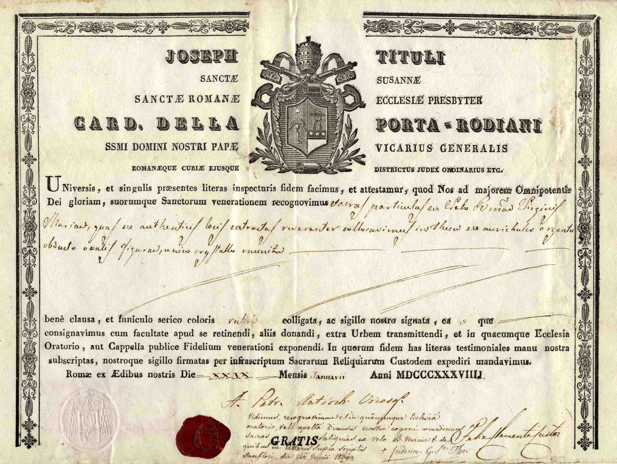 Reliques authentiques, authentique de reliques (1839)