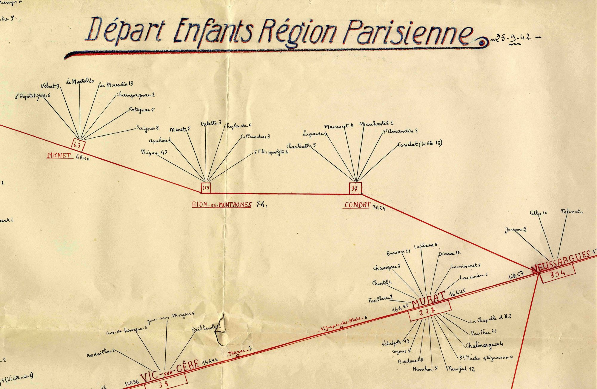 Plan de répartition dans le Cantal "d'enfants sinistrés" de la banlieue parisienne (1942)