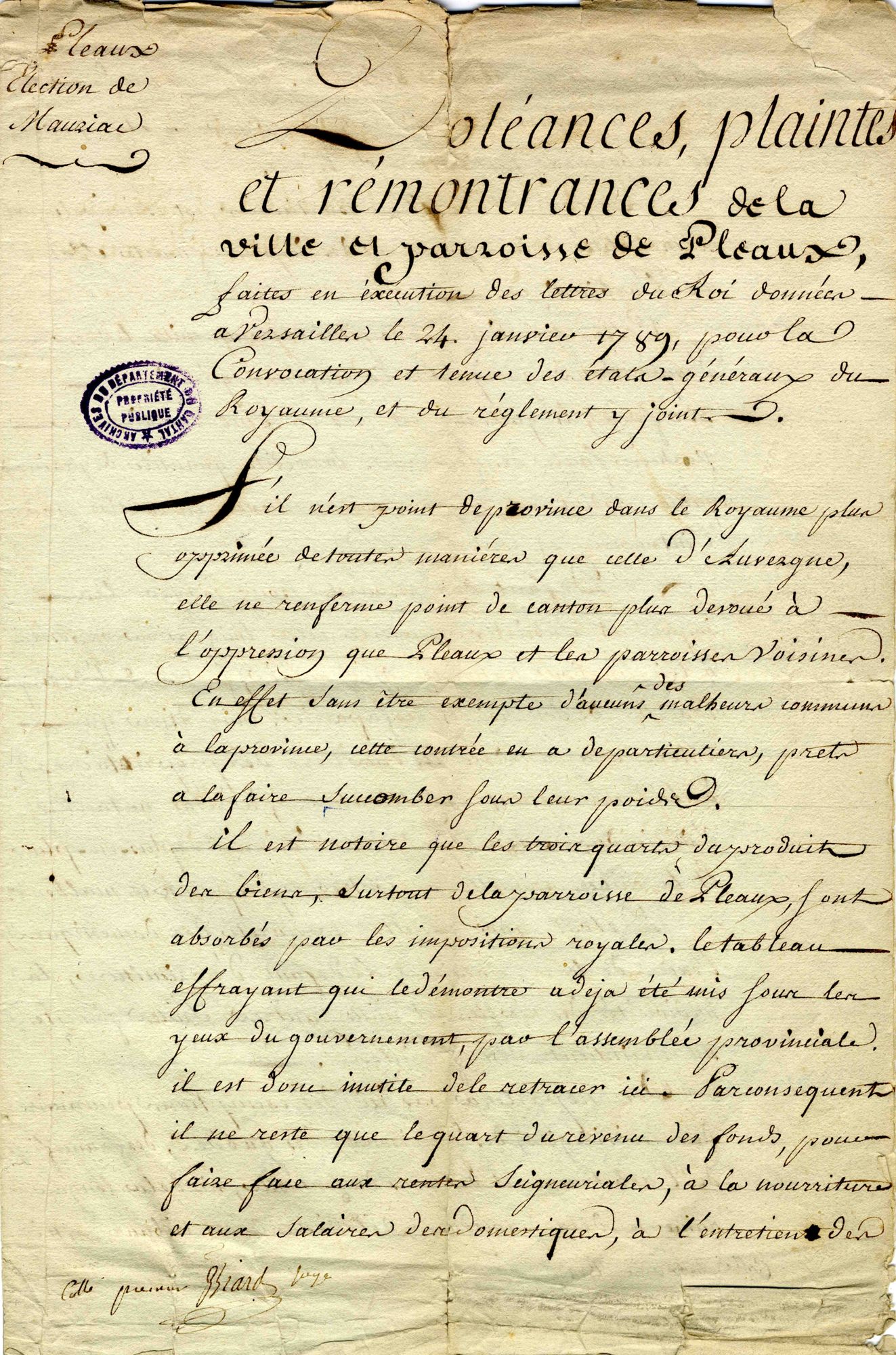 Cahier de doléances de Pleaux : haro sur l’impôt (11 mars 1789)